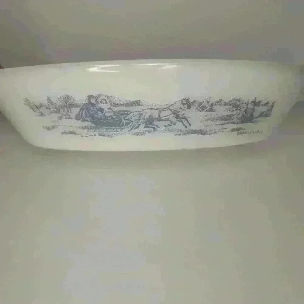 Glasbake Currier and Ives Horse & Sleigh white blue Divided Dish 12" USA J-2352